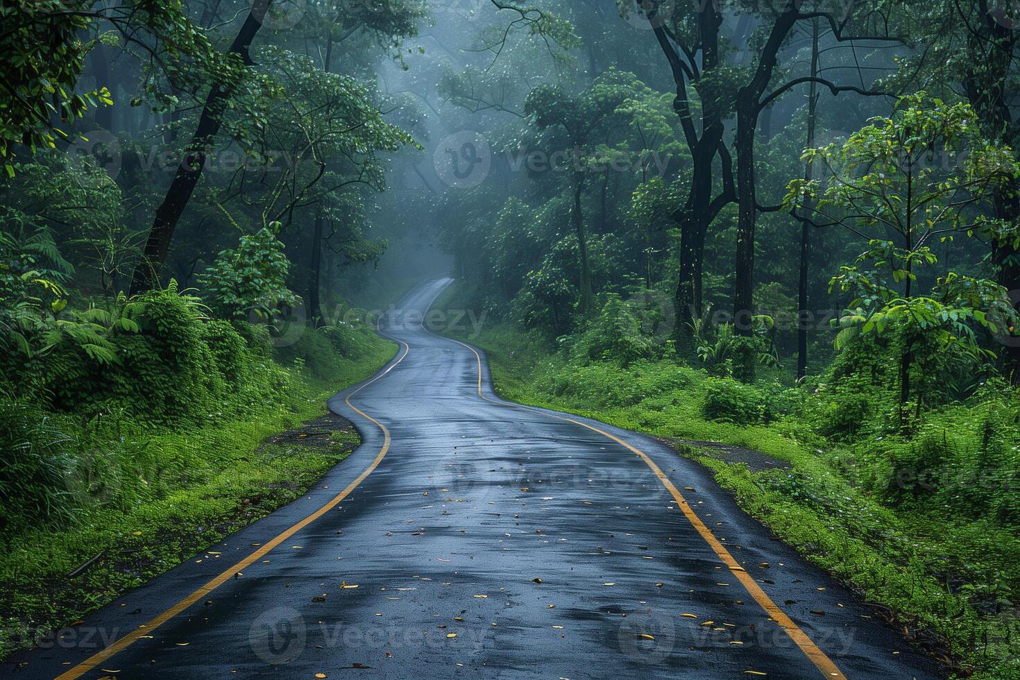 A wet, paved road runs through a dense forest with trees on either side photo
