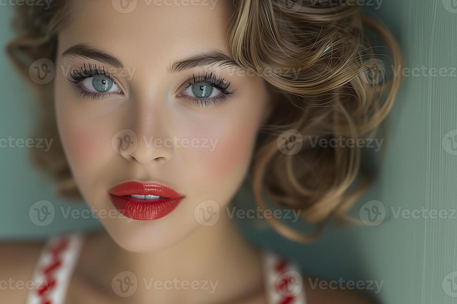 A woman with striking blue eyes wearing red lipstick photo