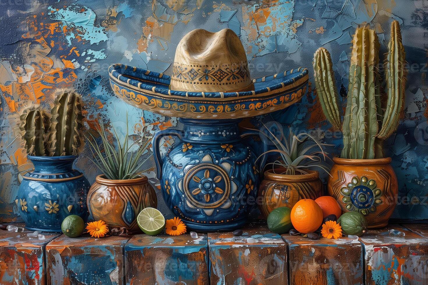 A painting depicting a cactus, cacti, and a sombrero on a shelf, Independence Day or Cinco de Mayo photo