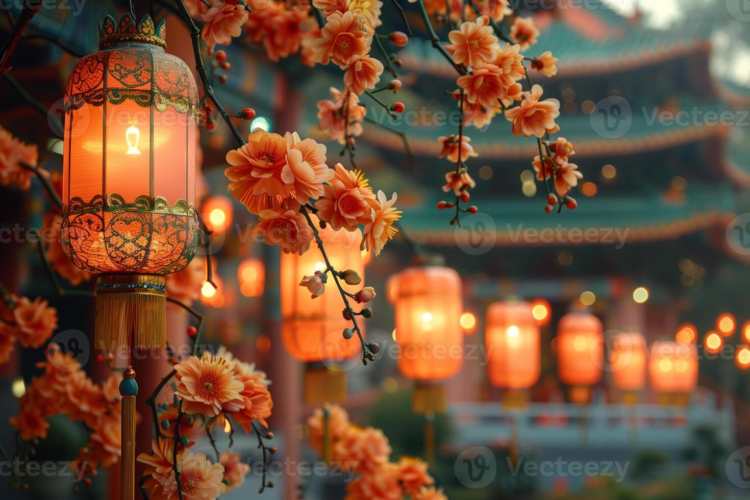 A cluster of hanging lights in a tree, possibly for a wesak or vesak day celebration photo