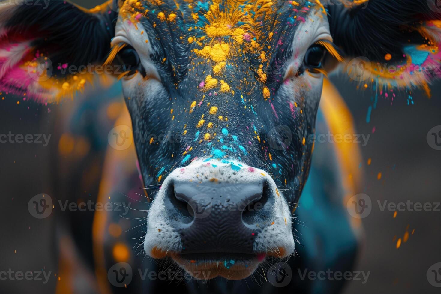A cows face covered in vibrant colored paint, celebrating the Holi Festival of Colors photo