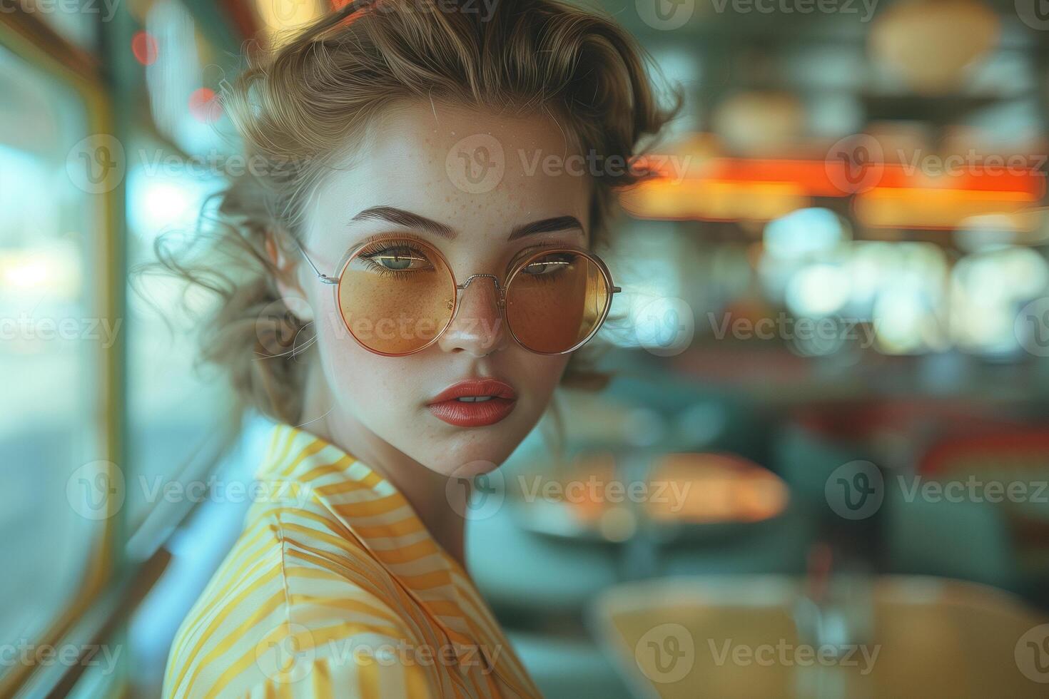 A woman wearing a yellow and white striped shirt and round sunglasses photo