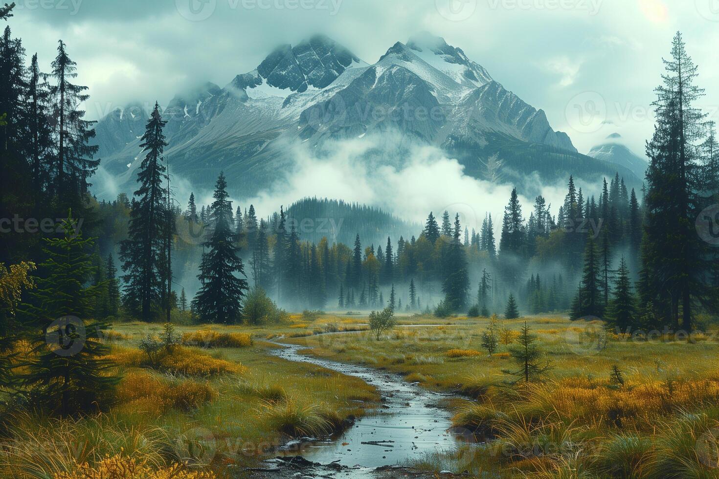 Painting of a mountain with a stream flowing through it photo