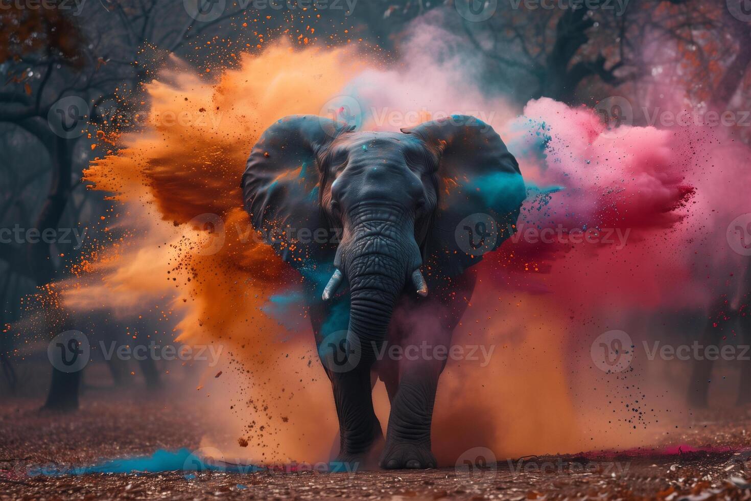 An elephant covered in colored powder, likely part of the Holi Festival of Colors celebration photo