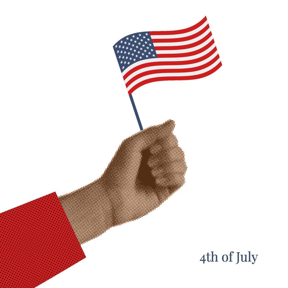 4th July isolated Halftone collage isolated element. Independence Day of America. Hand with American flag isolated on white background. National celebration. Flat design. Patriotic vibe vector