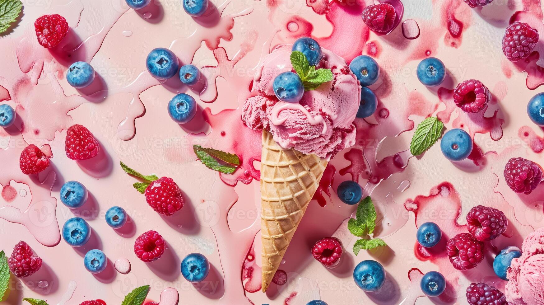 An ice cream cone adorned with blueberries, raspberries, and mint set against a vibrant backdrop, serving as a representation of a cool and fruity summer treat. photo