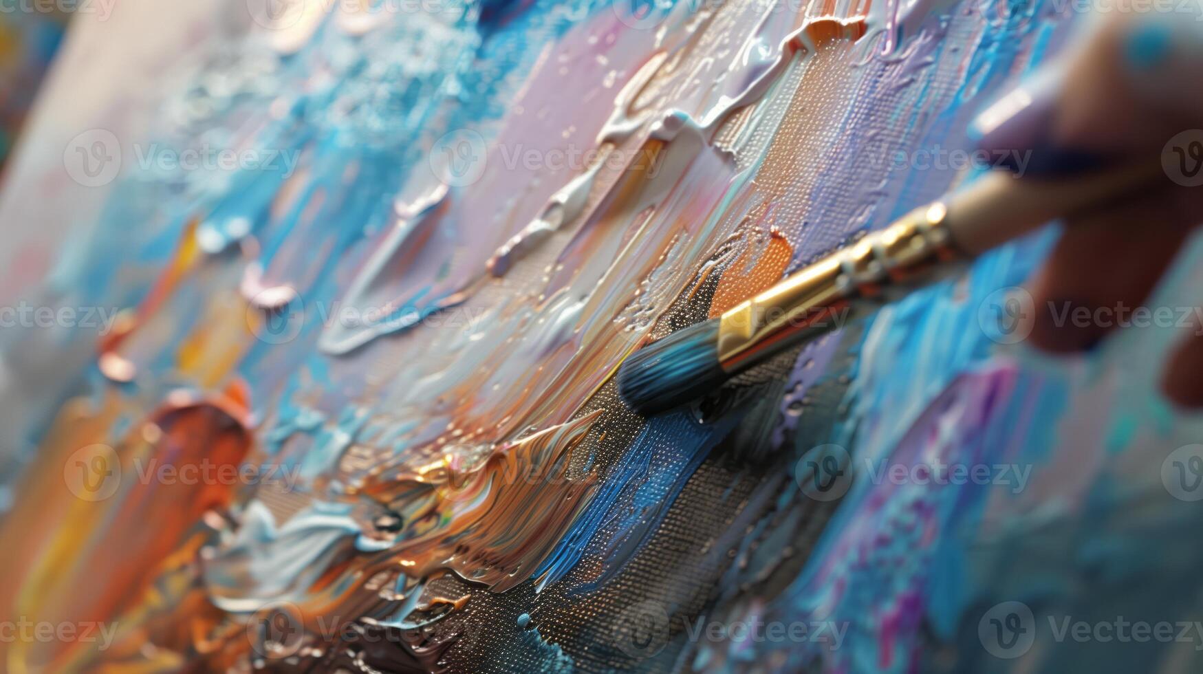 Art fair, close-up of artist's brush on canvas, creative expression in action. photo