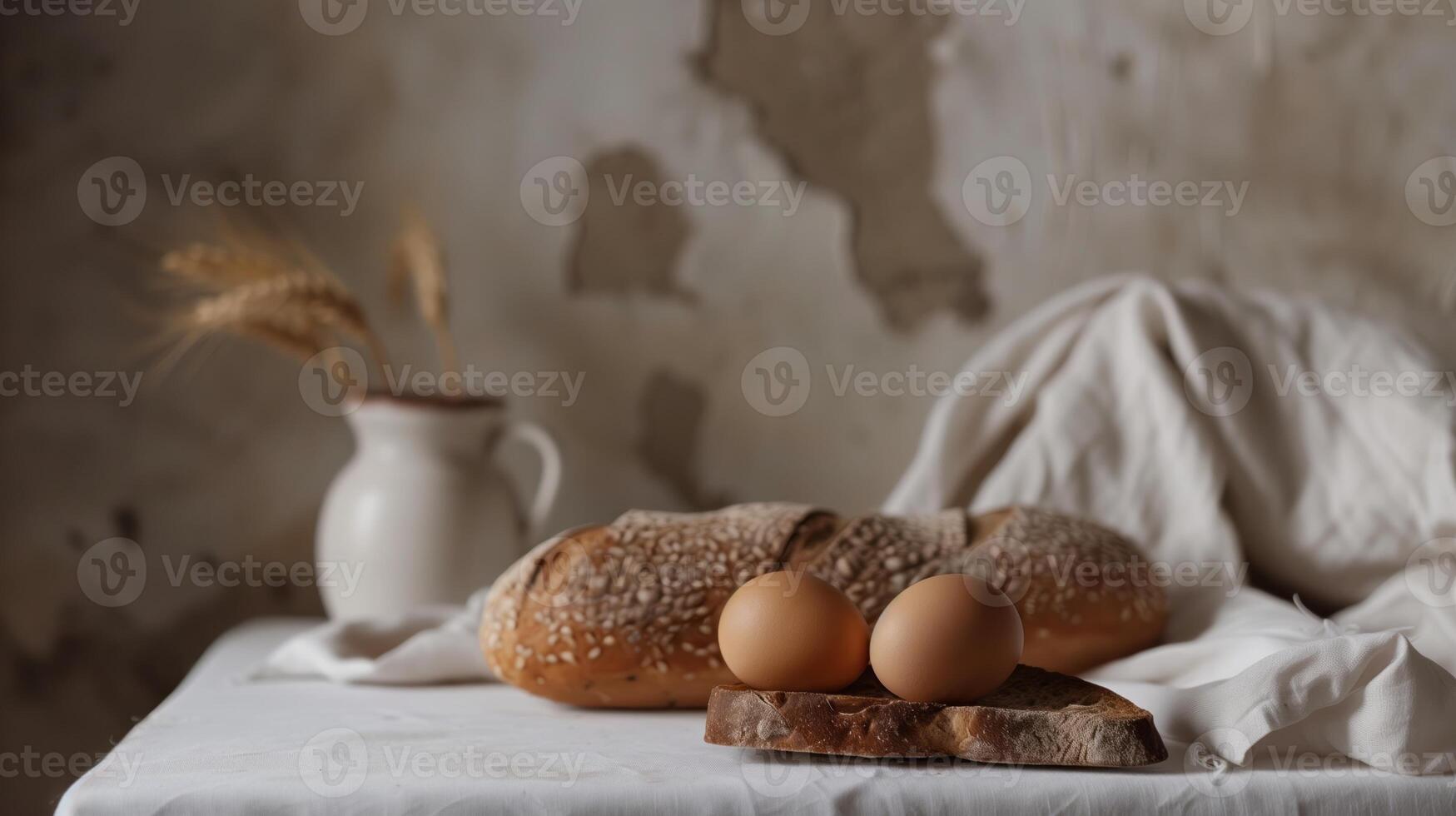 Eggs on toast, Rustic Morning Breakfast Coffee, Bread, Table Backdrop Background Neutral Minimalist Simple Minimal Color, Beige, Tan, White photo