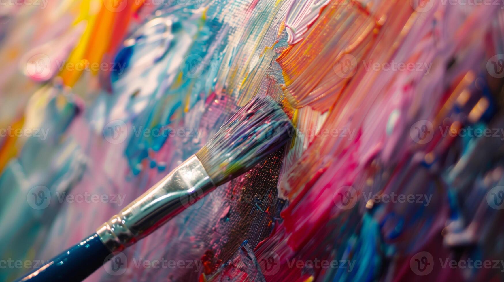Art fair, close-up of artist's brush on canvas, creative expression in action. photo