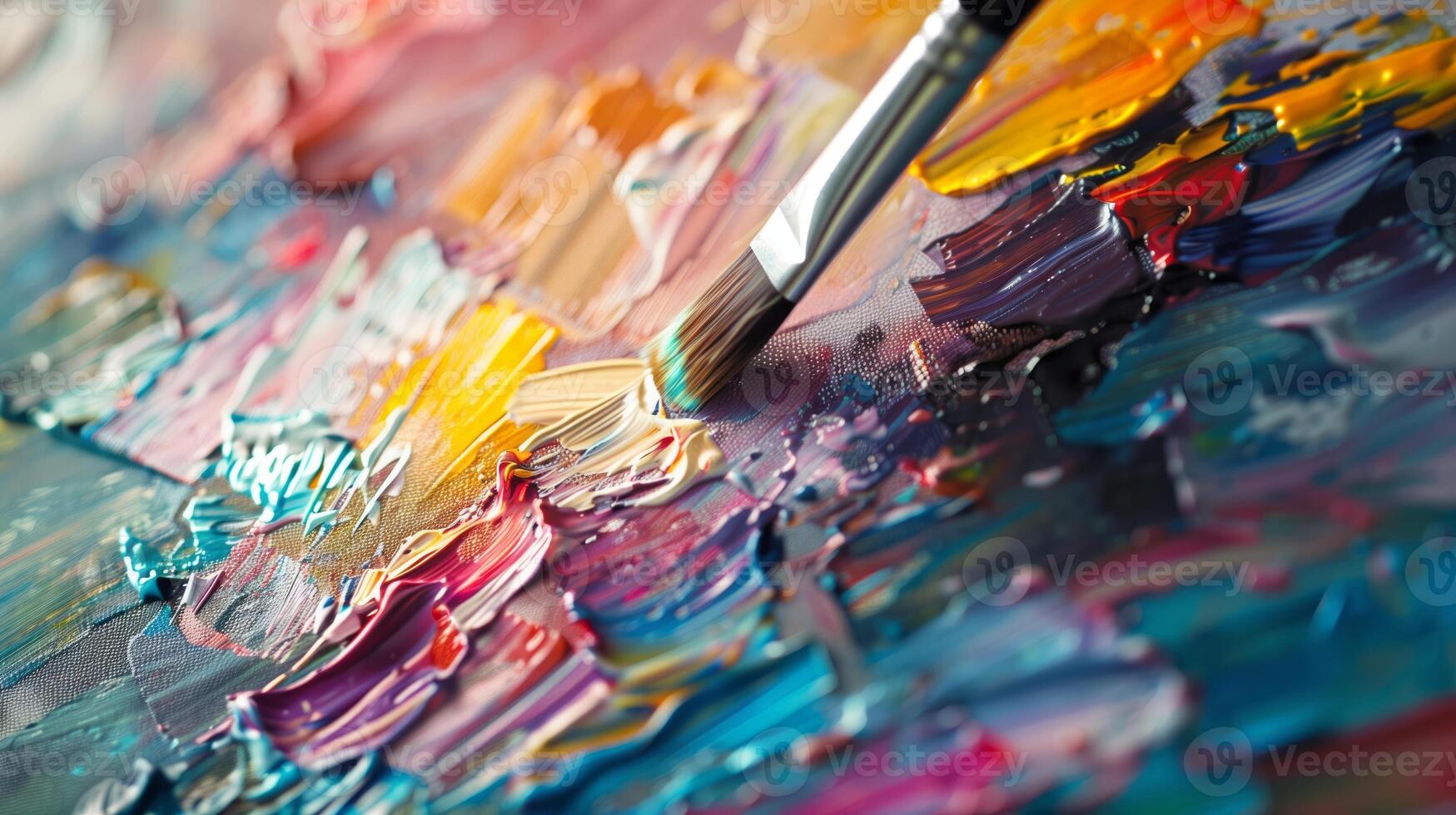 Art fair, close-up of artist's brush on canvas, creative expression in action. photo