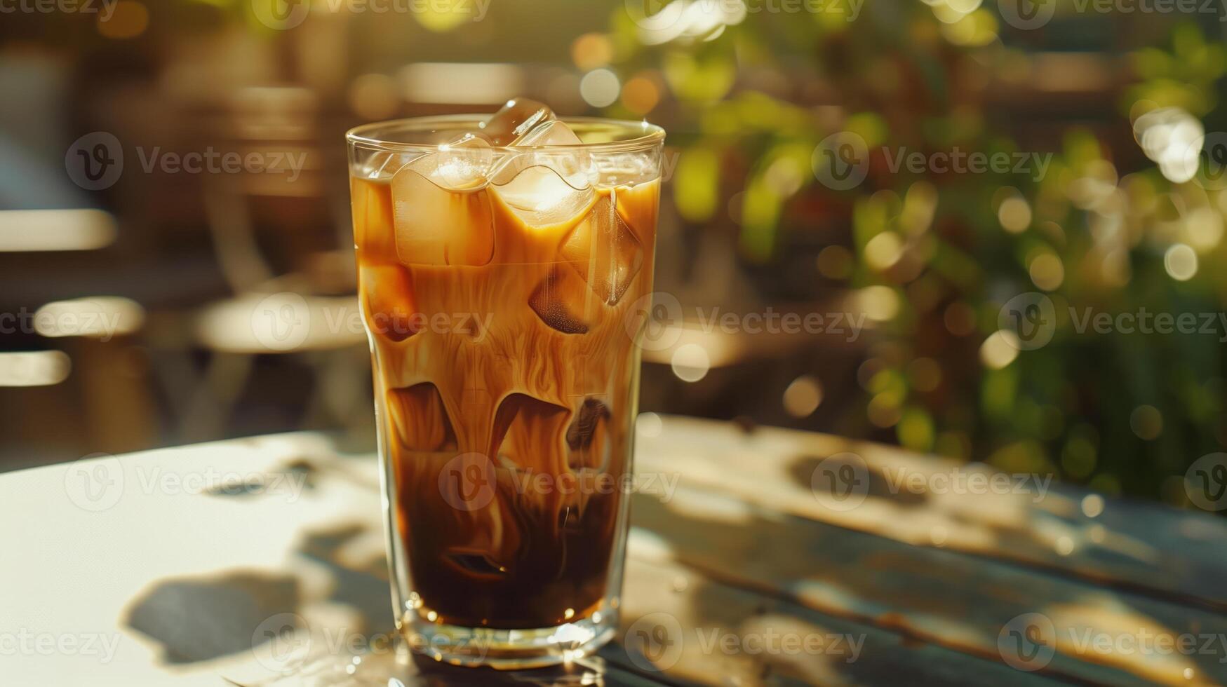 Iced coffee, close-up, with coffee ice cubes and a splash of almond milk, in a tall glass, on a sunny outdoor table. photo