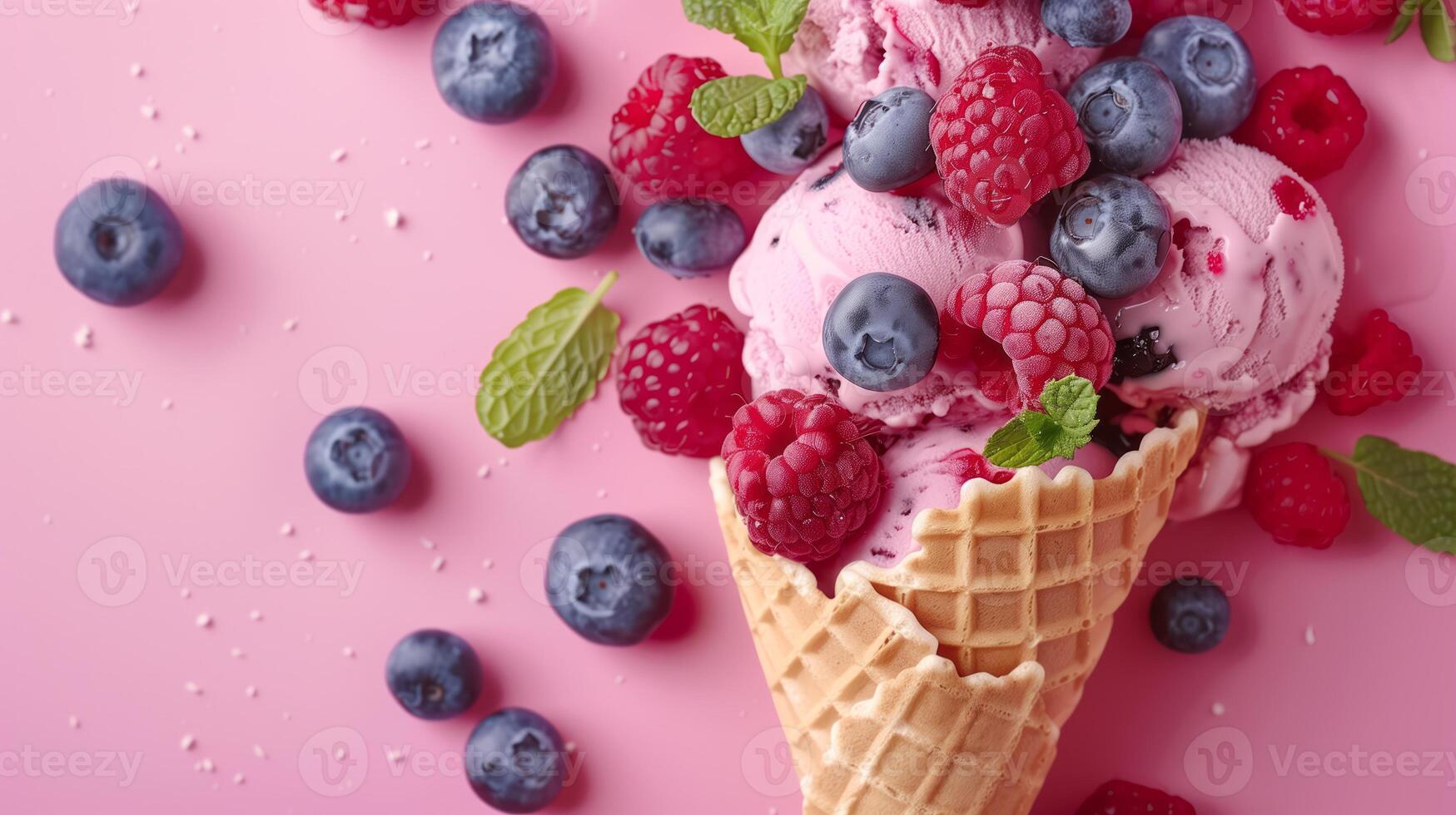 An ice cream cone adorned with blueberries, raspberries, and mint set against a vibrant backdrop, serving as a representation of a cool and fruity summer treat. photo