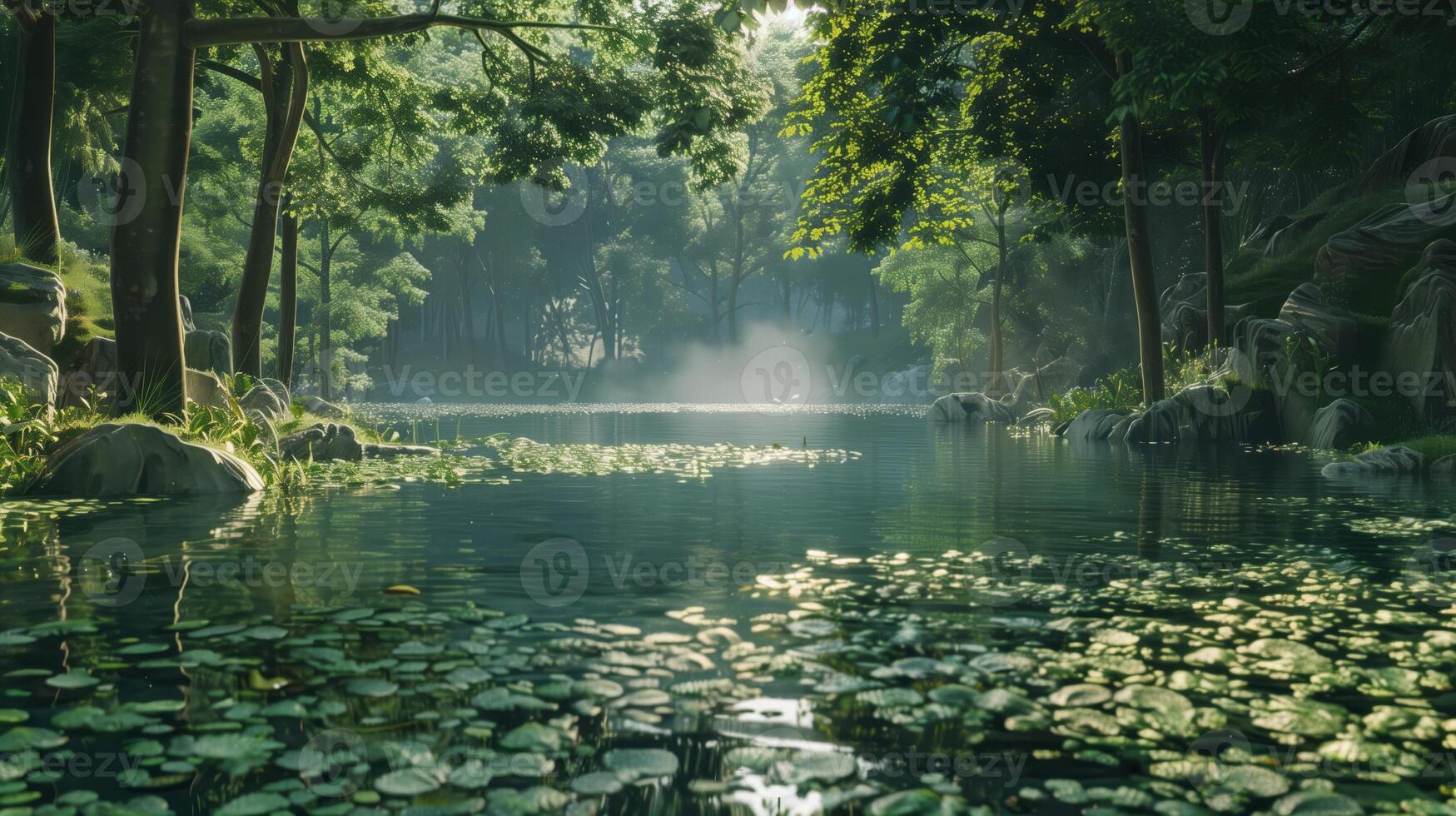 A lake located deep within a forest. photo