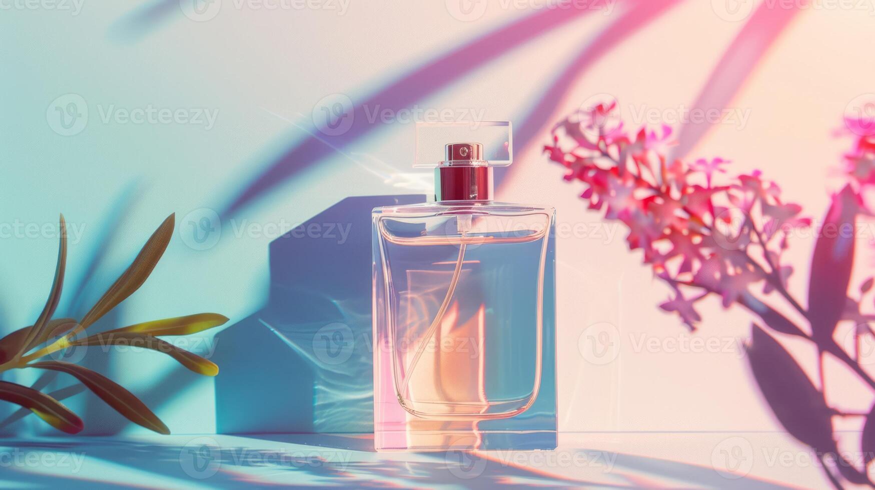 Transparent bottle of perfume with empty label on pastel gradient background. Fragrance trending concept with copyspace for text, natural materials flowers plant shadows. Women's and men's photo