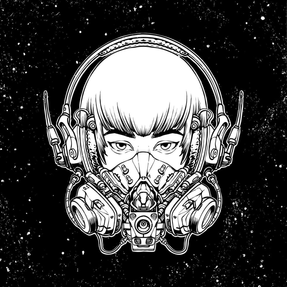 line art of a girl using a future mask in a robotic style illustration vector