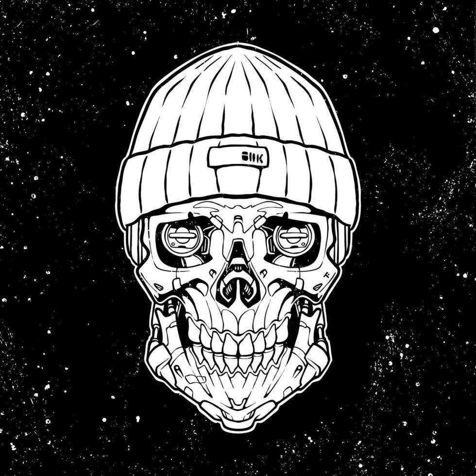 line art of robot head skull using beanie with detailed robotic illustration vector