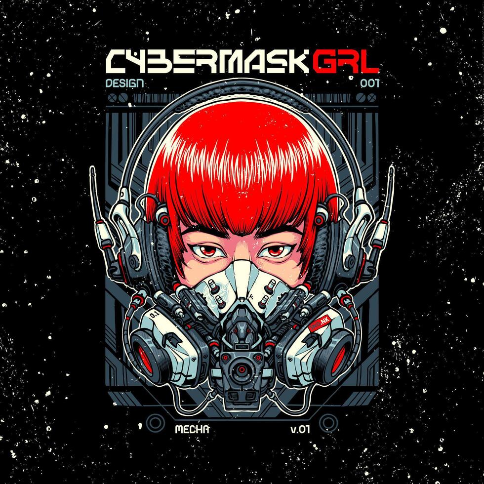 illustration of a red haired girl using a future mask in a robotic style vector