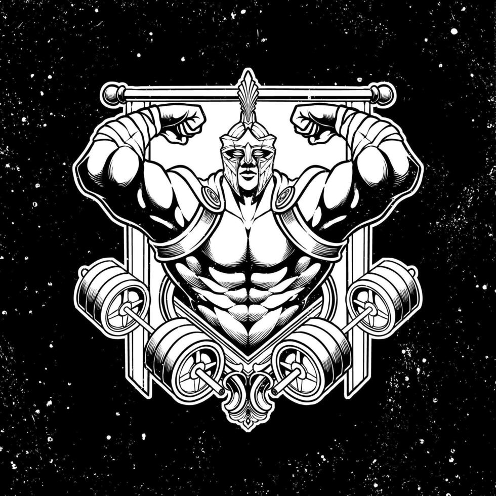 line art spartan with muscular body illustration vector