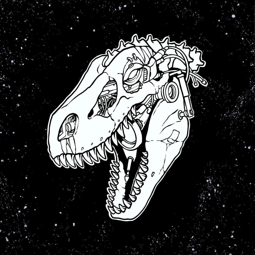 line art robotic tyrannosaurus rex skull illustration with detailed robot style vector
