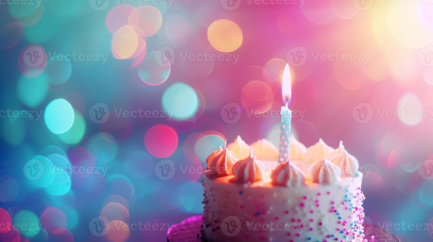 Birthday cake with candles on blurred bright celebrating background, with copy space, vertical backdrops photo