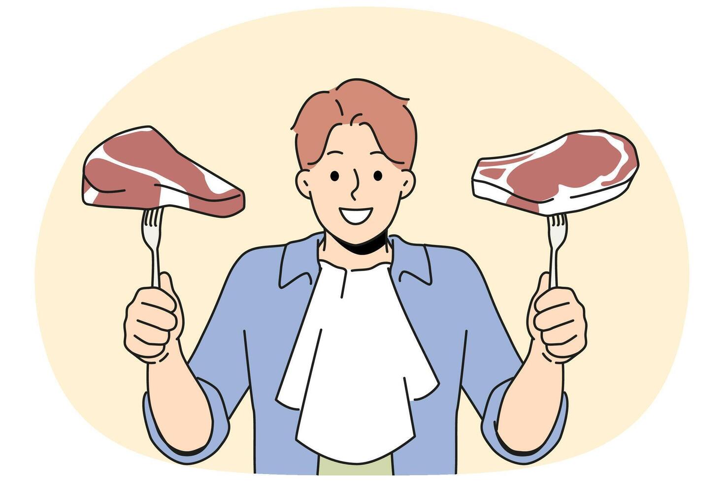 Smiling man with meat steaks in hands vector
