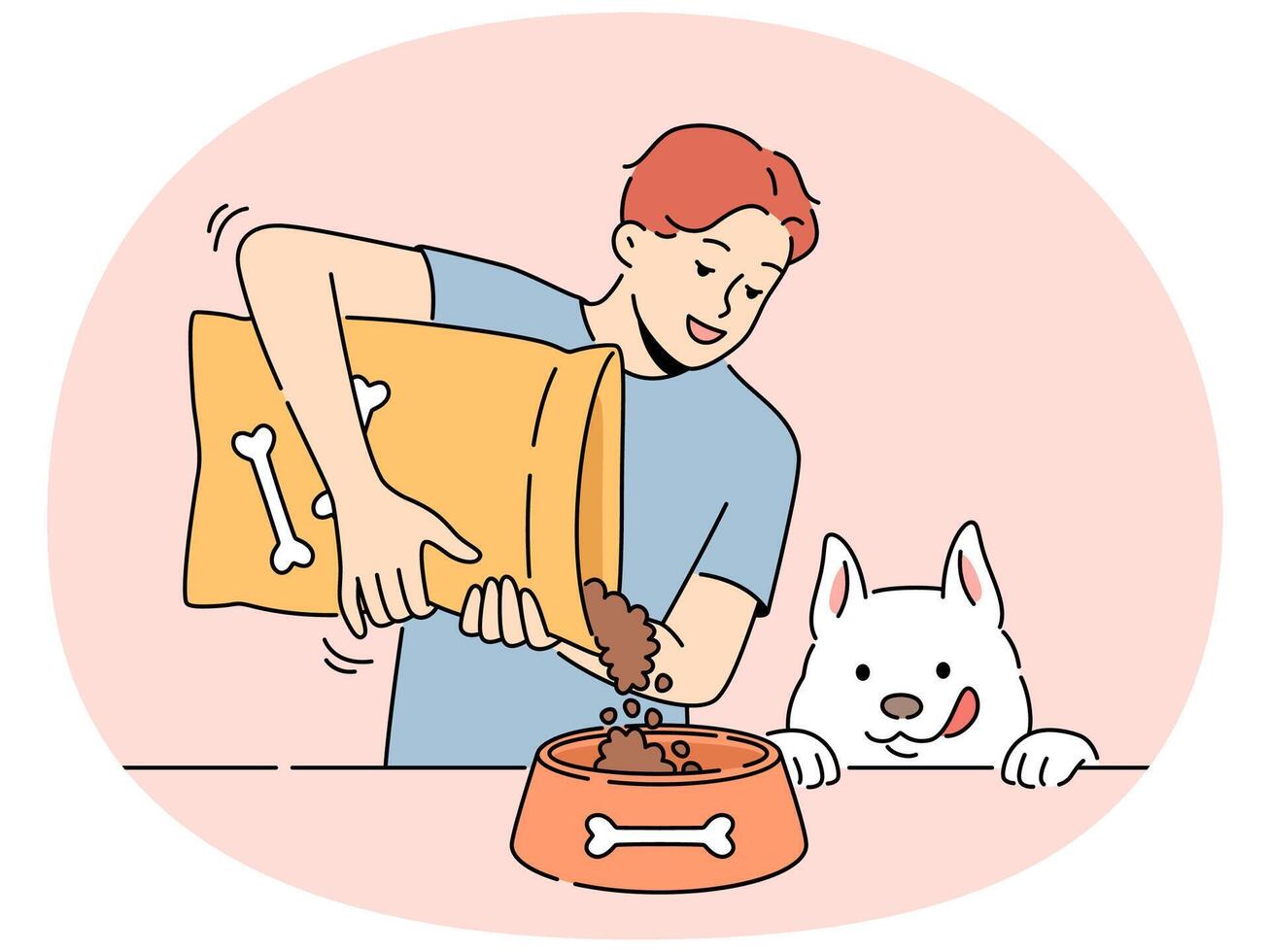 Smiling man give food from package to dog vector