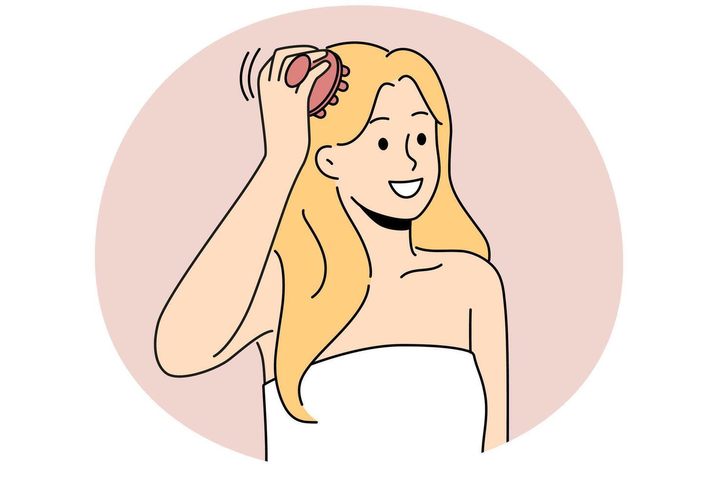 Woman in towel massage head with scalp brush vector