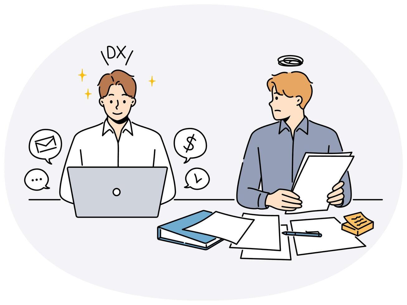 Frustrated employee look at efficient colleague vector