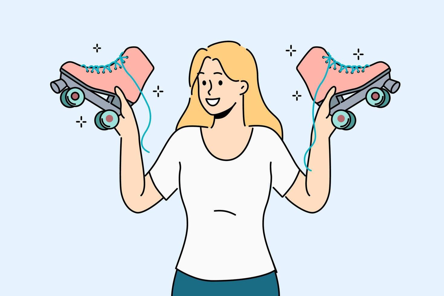 Woman holds retro roller skates, inviting you to ride together in park in fresh air vector