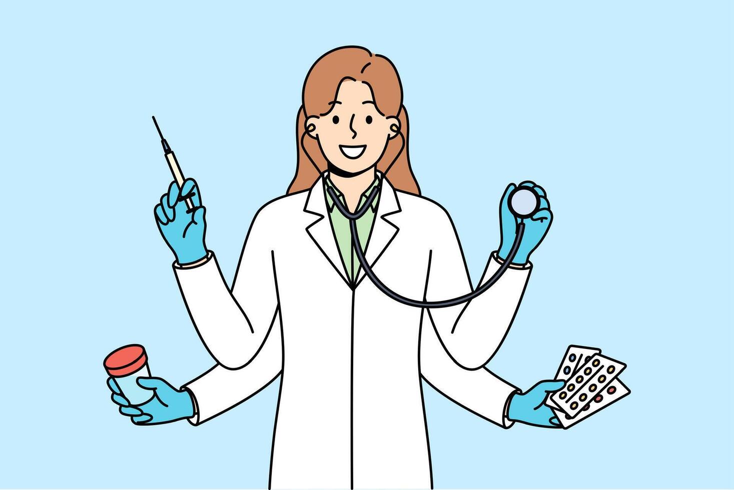 Multi-armed woman doctor is ready to simultaneously diagnose and treat patient who comes to clinic vector