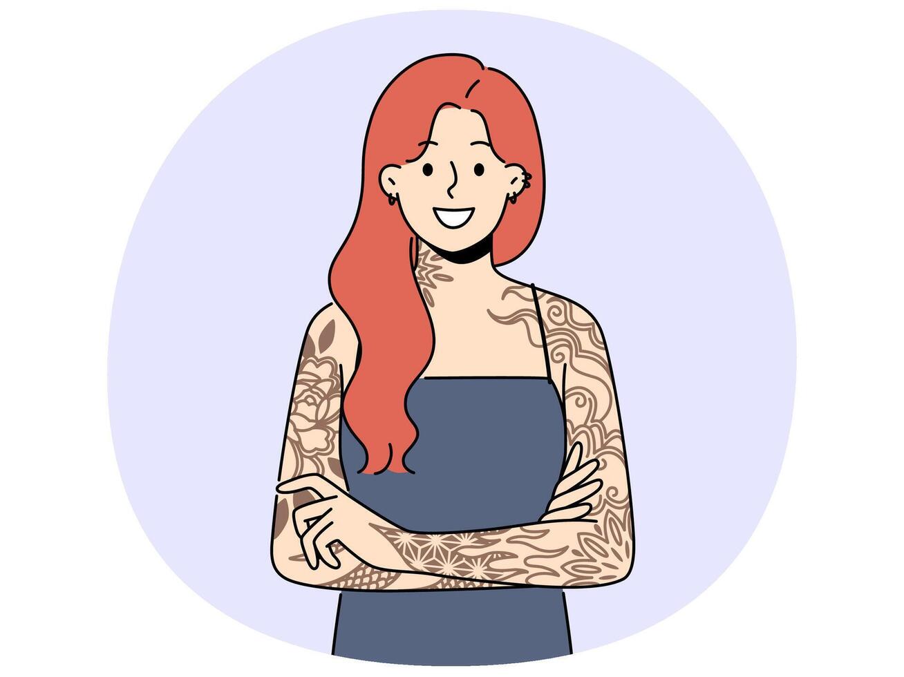Smiling redhead woman with tattoos on arms vector
