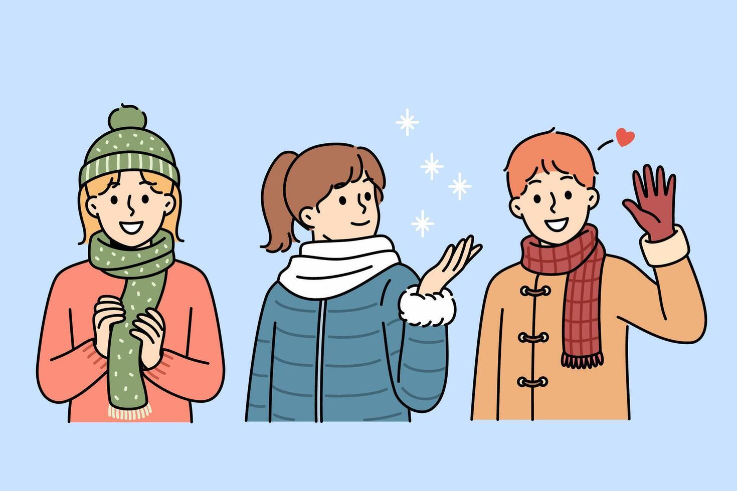 Little kids in winter clothes stand under falling snow, rejoicing at onset of christmas weekend vector