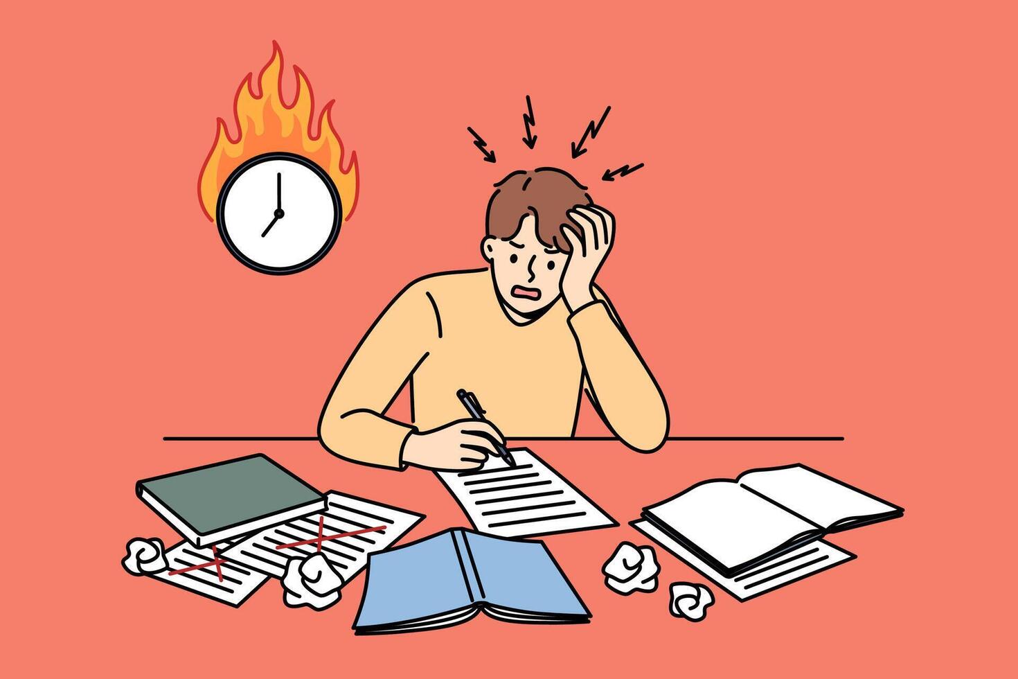 Excited man student is writing thesis and panicking because of deadline, sitting near burning clock vector