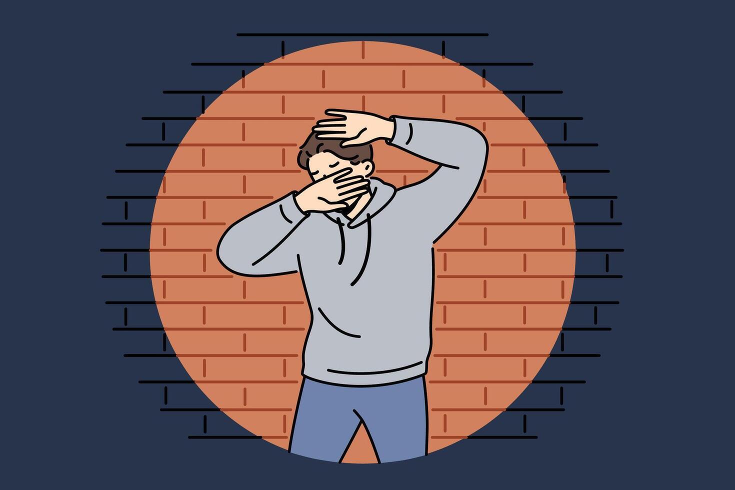 Man criminal in light of police lantern stands near brick wall and covers face with hands vector