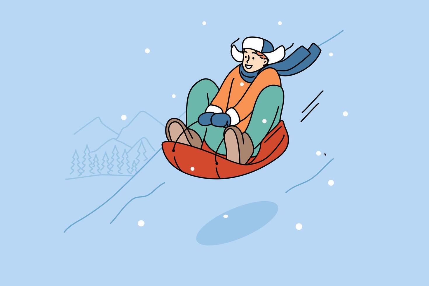 Teenage boy is relaxing at winter ski resort, sliding down snow-covered hill on inflatable sled vector