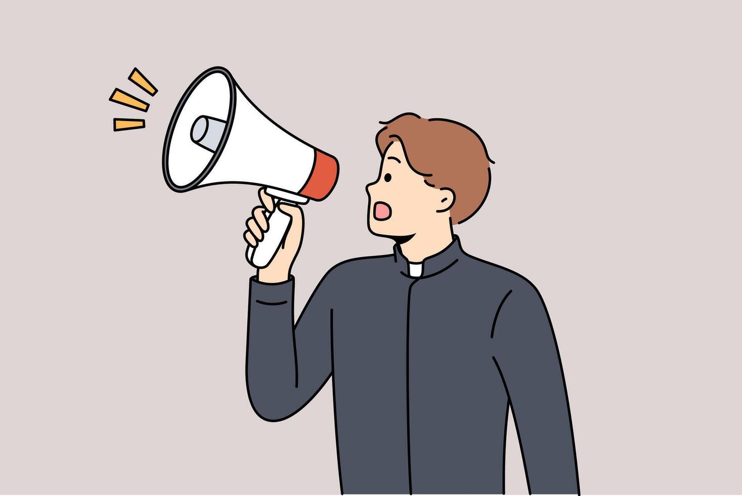 Man shepherd shouts into megaphone, announcing start religious sermon in catholic religious church vector