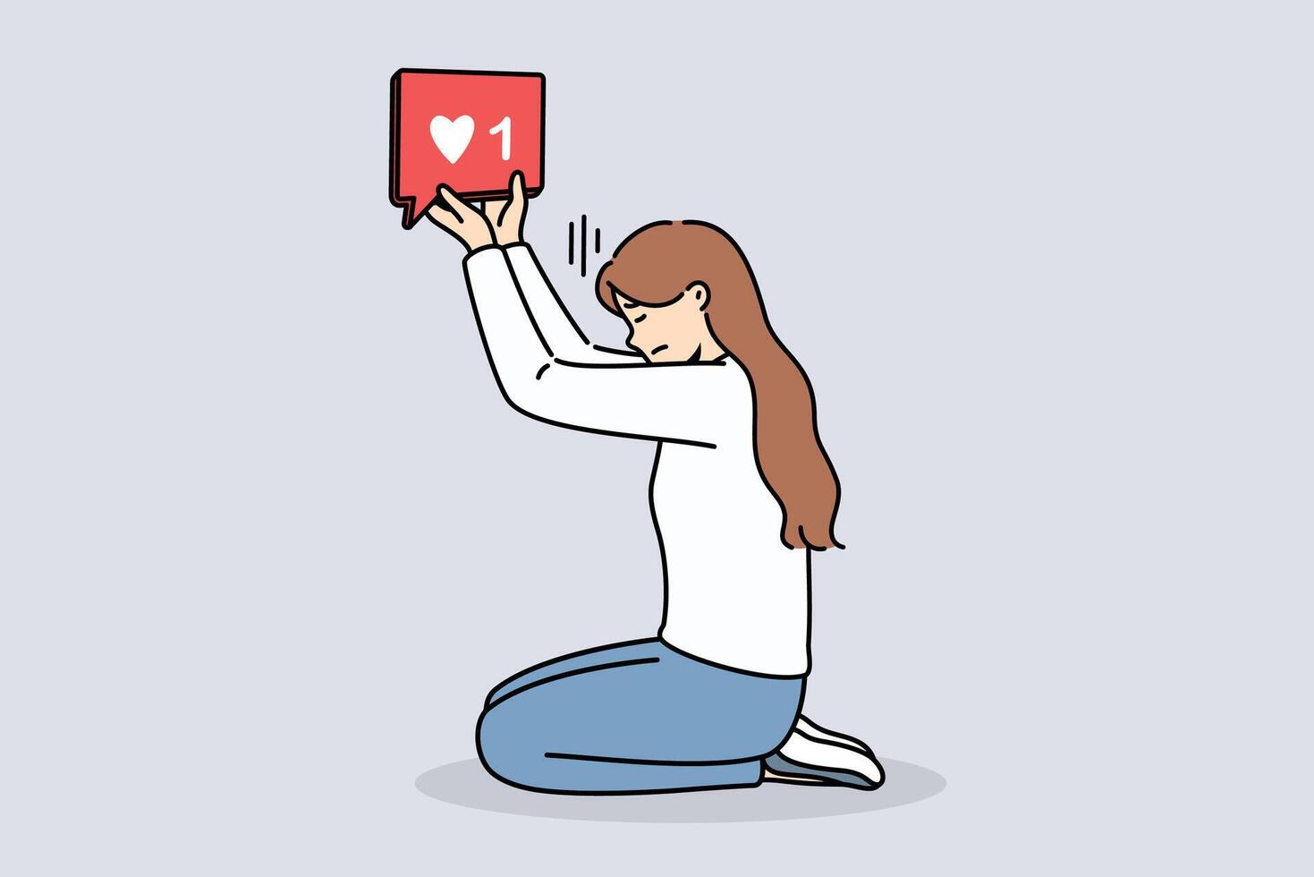 Woman blogger holds like icon, kneeling and dreaming of receiving lot of feedback from subscribers vector