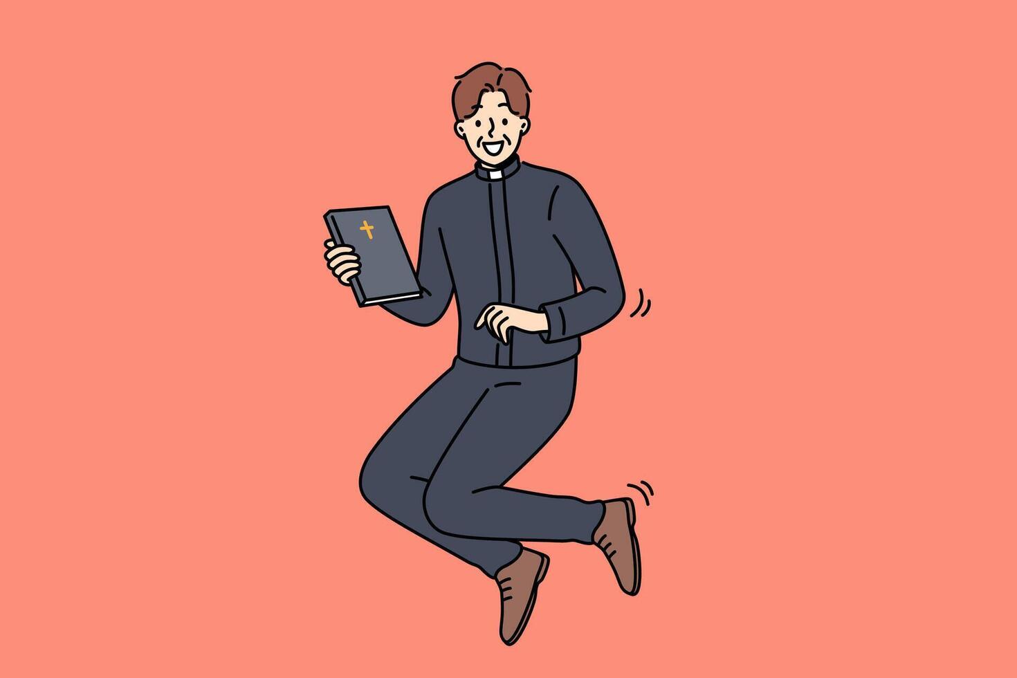 Joyful catholic priest jumps up with bible in hands, inviting you to temple for sunday worship vector