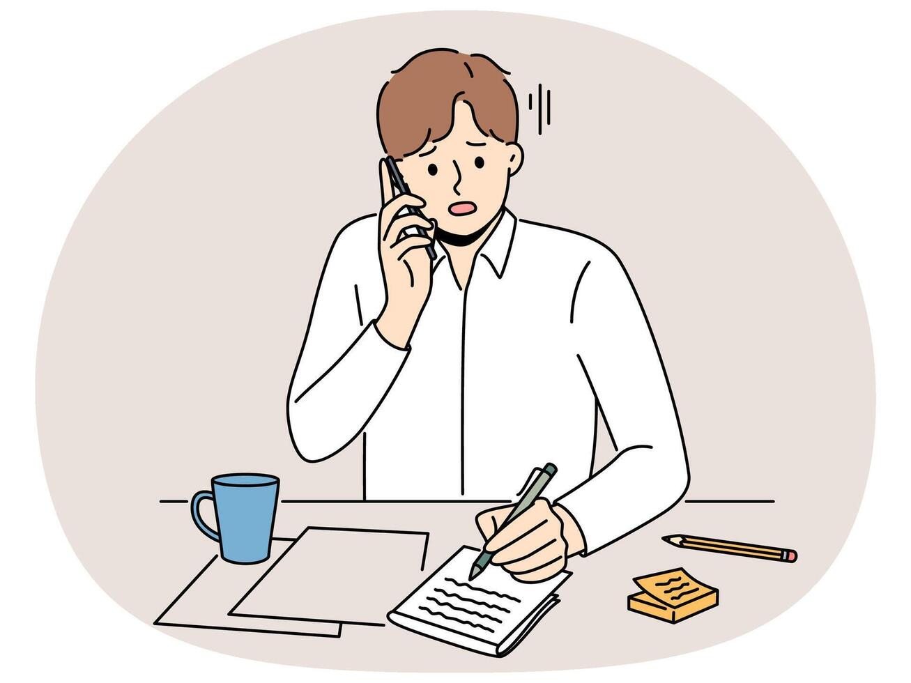 Upset man talk on phone making notes vector
