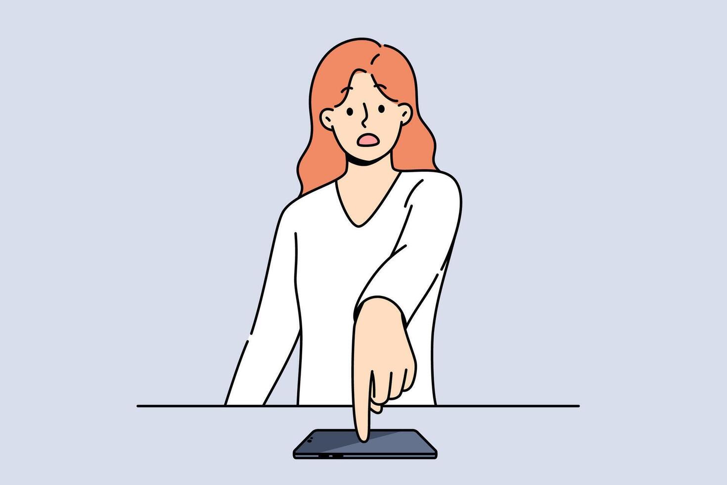 Indignant woman points finger at mobile phone after learning about leak of confidential information vector
