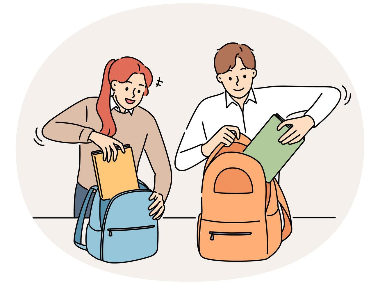 Smiling students pack backpacks in school vector