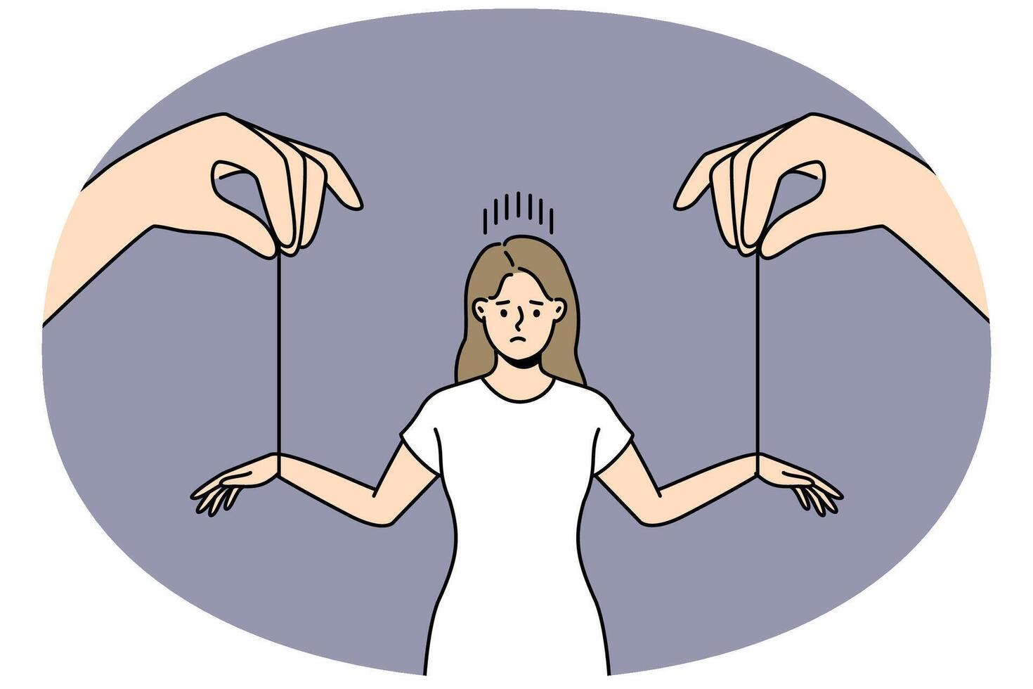Huge hands manipulate stressed woman vector