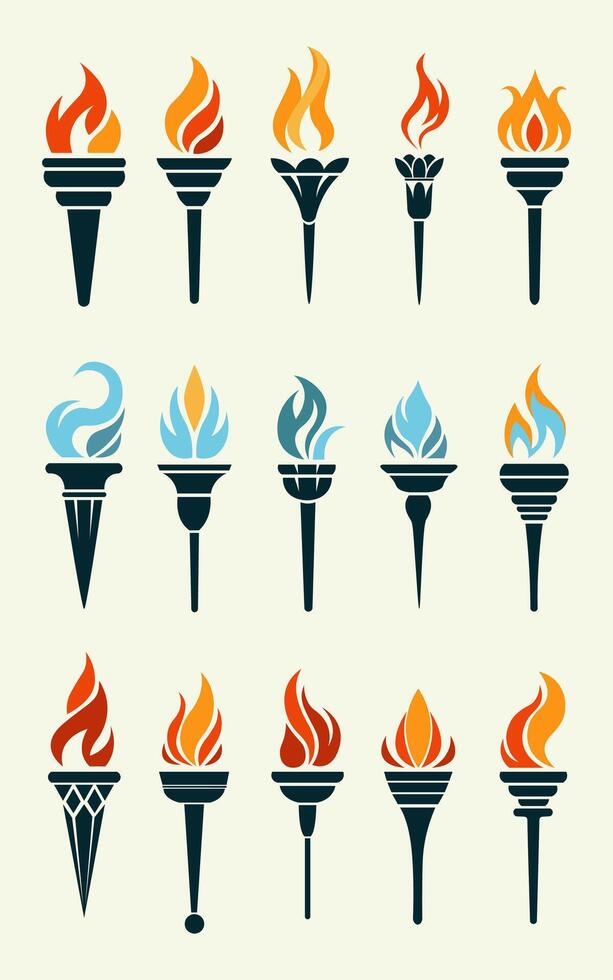 Flaming torch icons collection. Cartoon torch with flame. Burning fire or flame. Sport fire sign. Competitions, athletic, champion, sports game or freedom torches with flames icon. illustration vector