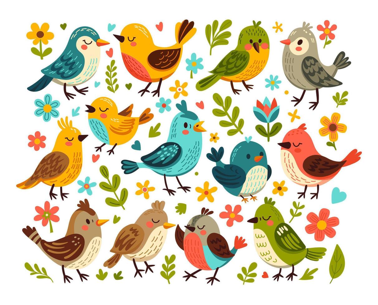 Set of spring birds with leaves and flowers. Cartoon illustration in childish style. Colorful birds in different poses. Modern trendy happy character. Images are isolated on white. illustration vector