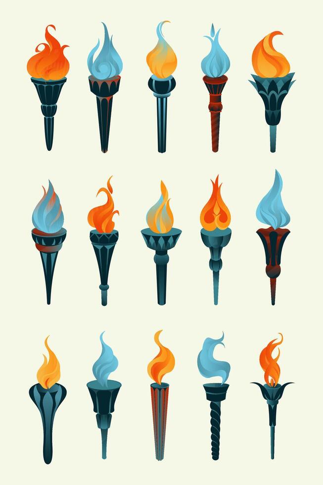 Flaming torch icons collection. Cartoon torch with flame. Burning fire or flame. Sport fire sign. Competitions, athletic, champion, sports game or freedom torches with flames icon. illustration vector