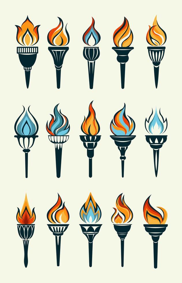 Flaming torch icons collection. Cartoon torch with flame. Burning fire or flame. Sport fire sign. Competitions, athletic, champion, sports game or freedom torches with flames icon. illustration vector