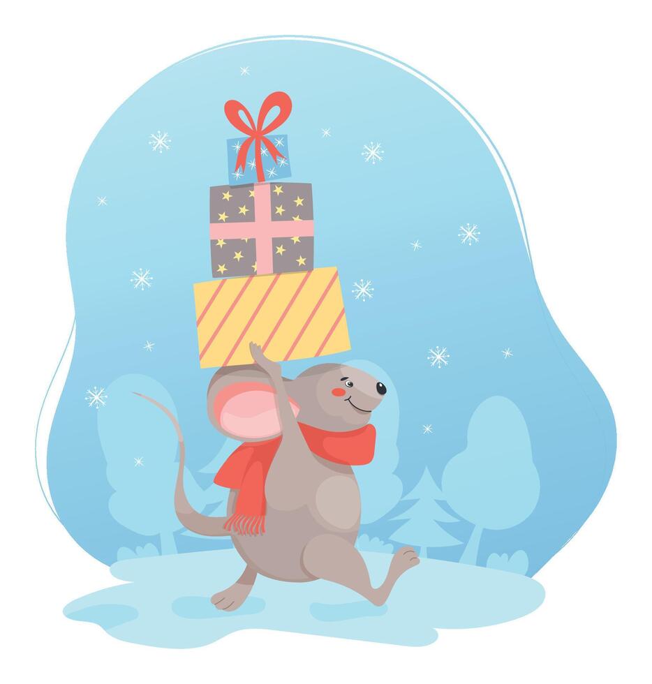 Cute winter illustration with mouse carrying gifts vector