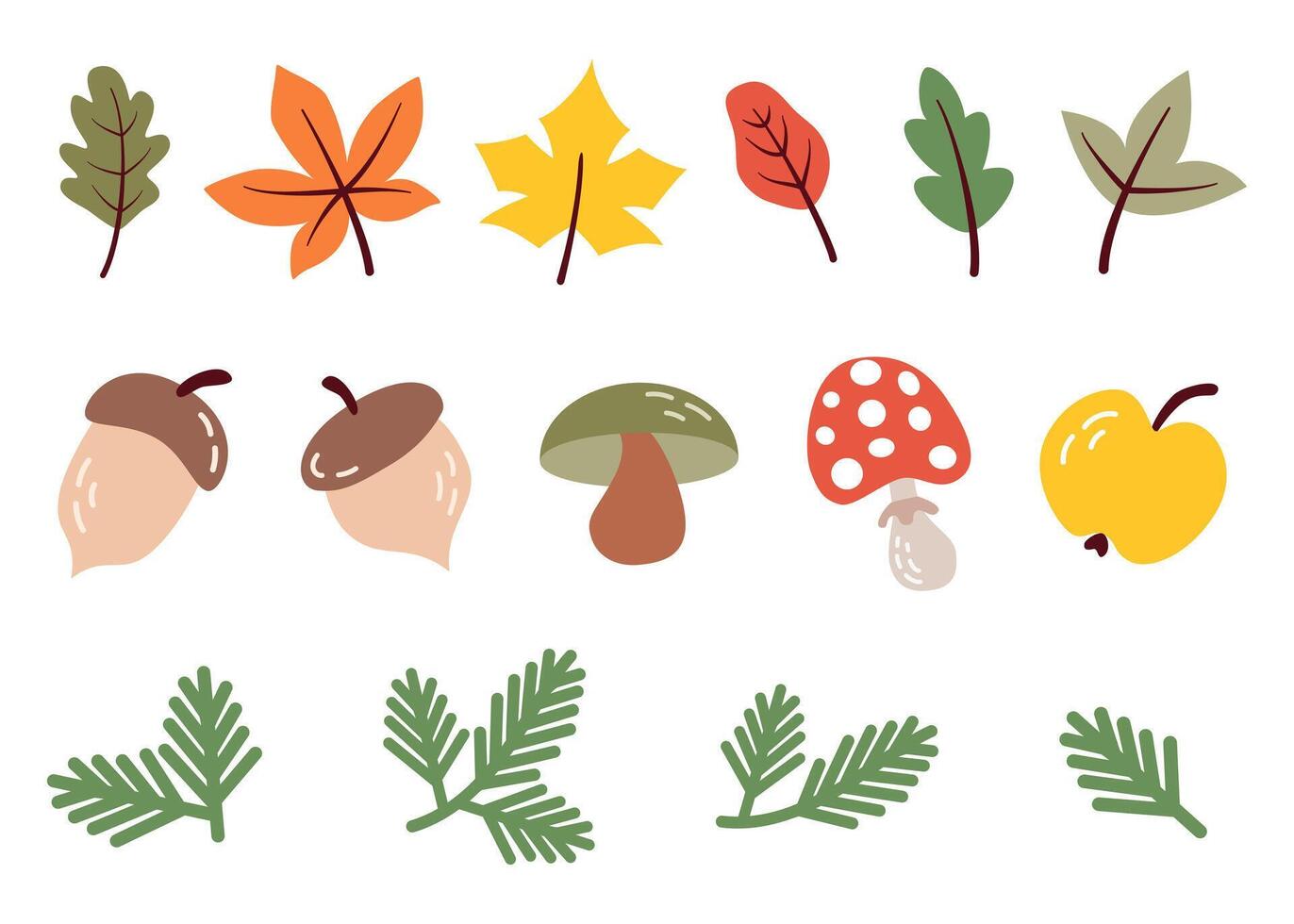 Autumn design elements, icons. Set of autumn object in cartoon flat style. Foliage, acorn, mushroom, fly agaric, fir branch vector