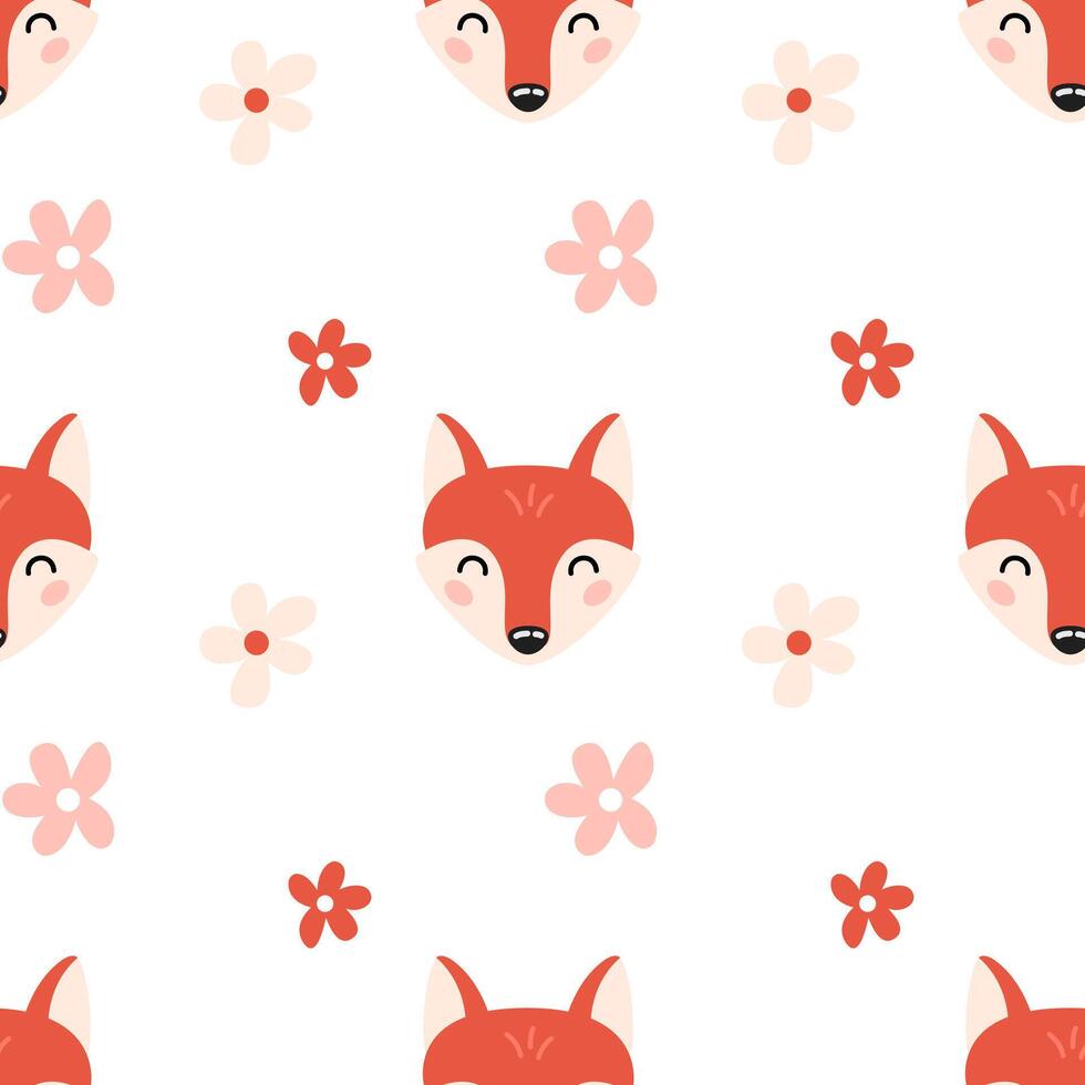 Seamless pattern with cute happy fox head and flowers in cartoon hand drawn style. Kids design for print, textile, wrapping paper, wallpaper, nursery. vector