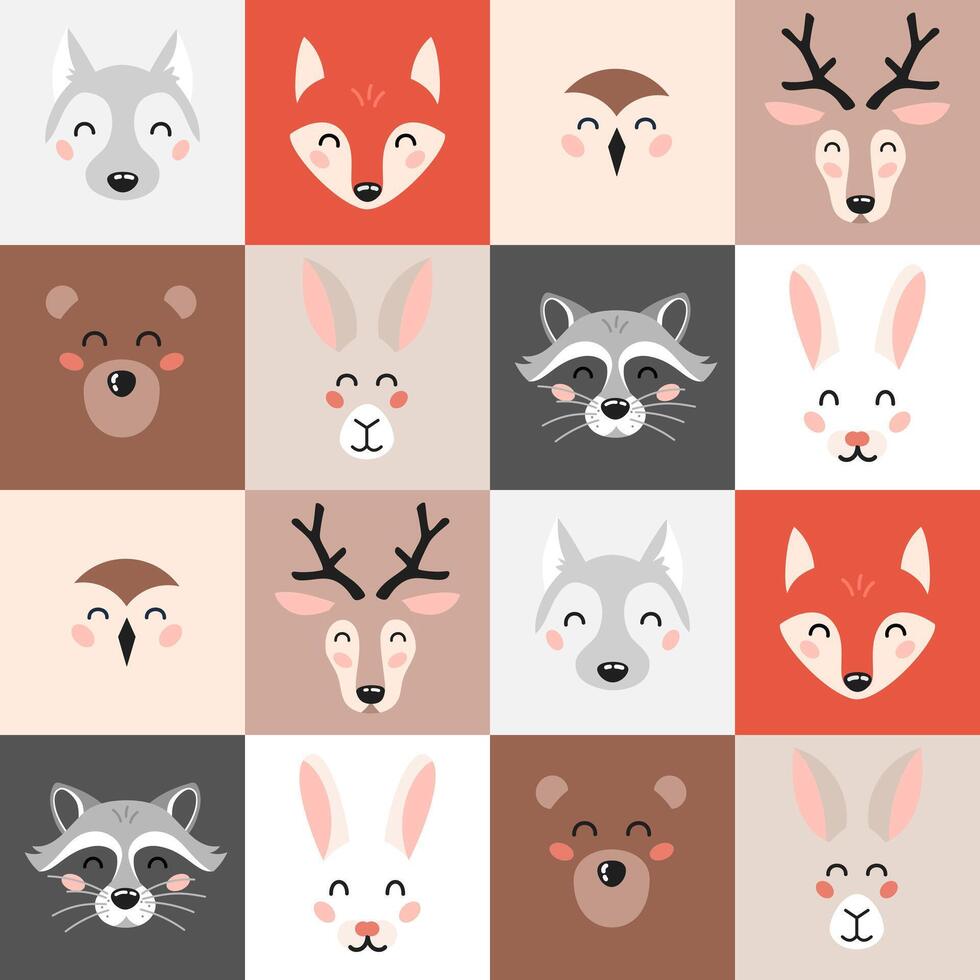 Seamless pattern with cute animals faces in cartoon flat style. Kids design for print, textile, wrapping paper, wallpaper, nursery. vector
